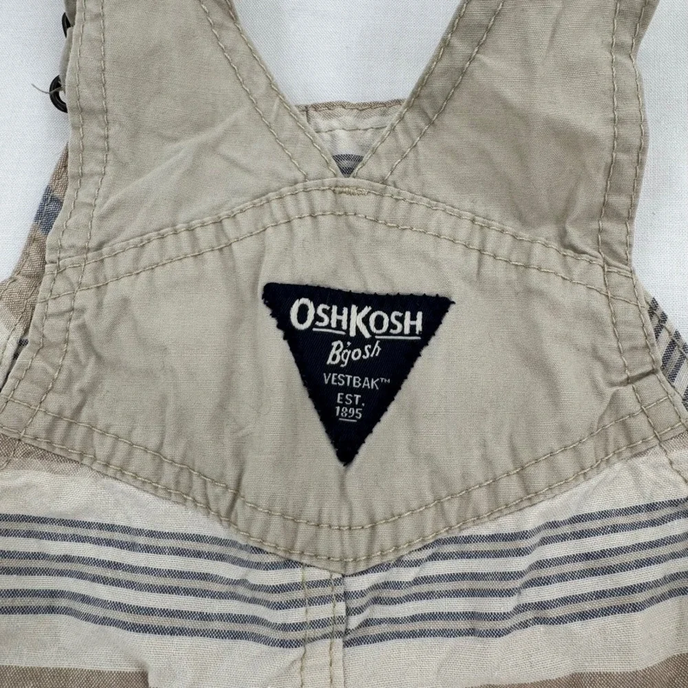 OshKosh B'gosh Shortalls Kids Size 9M Tan Blue Striped Vestbak Cotton Overalls